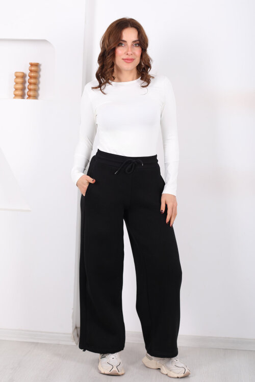 Üç İplik Paça Lastikli Siyah Kadın Eşofman Altı - 5