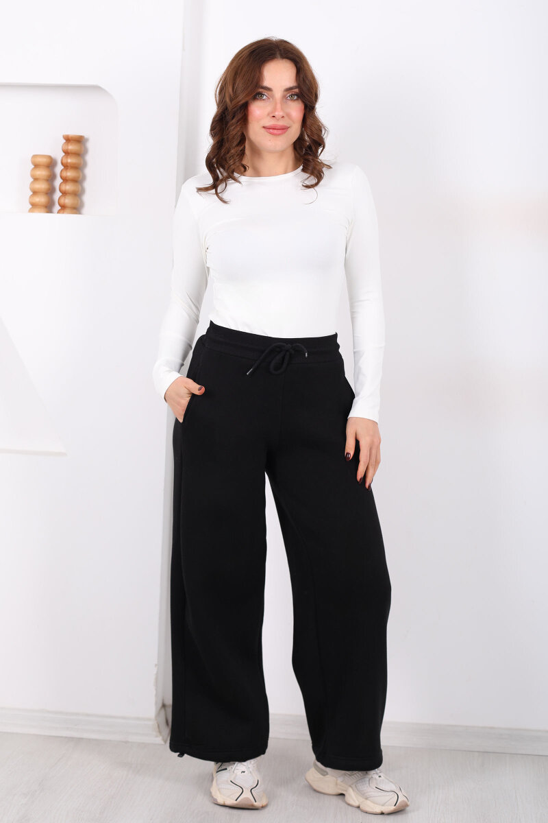 Üç İplik Paça Lastikli Siyah Kadın Eşofman Altı - 5