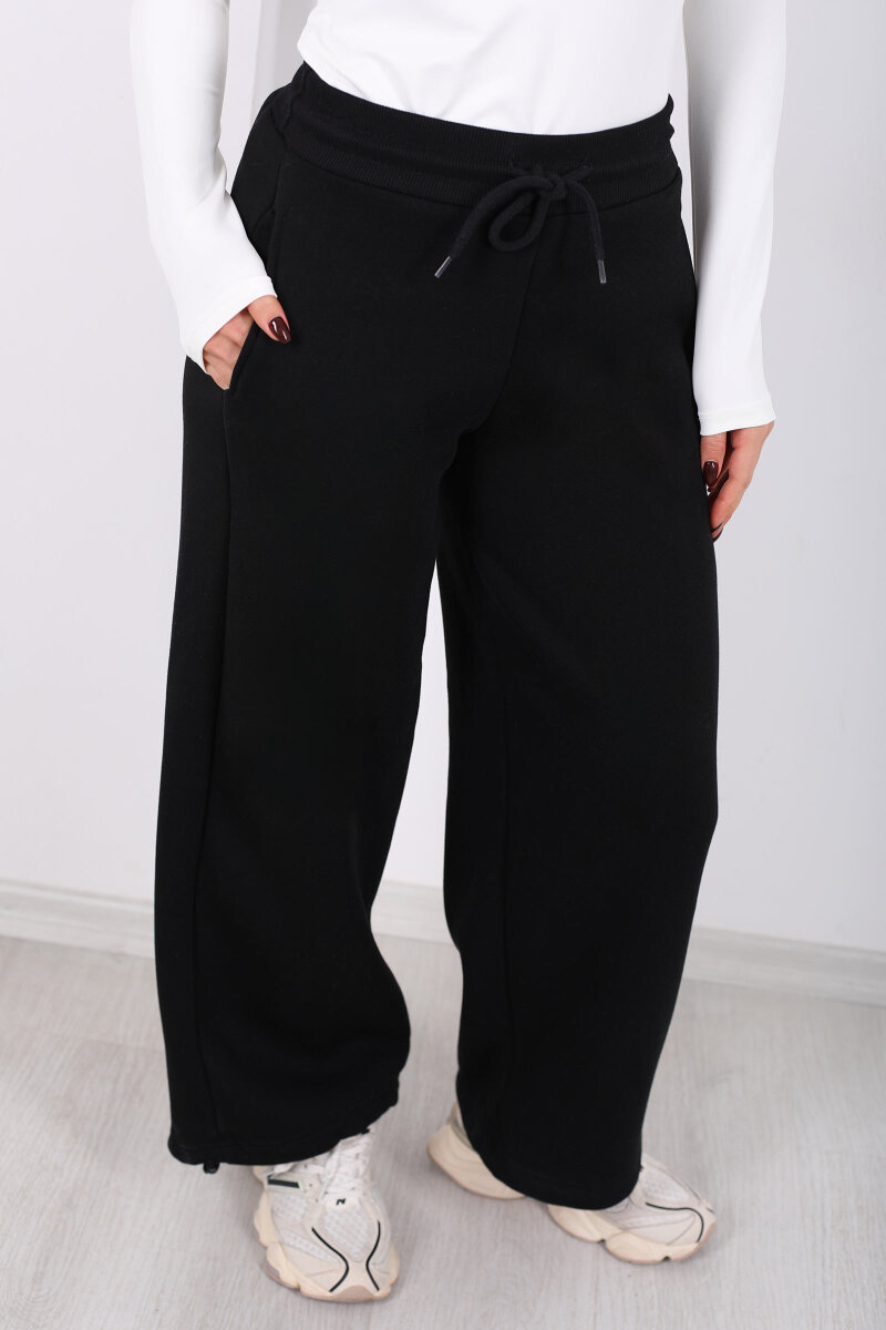 Üç İplik Paça Lastikli Siyah Kadın Eşofman Altı - 2