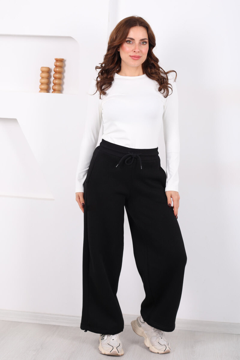 Üç İplik Paça Lastikli Siyah Kadın Eşofman Altı - 1