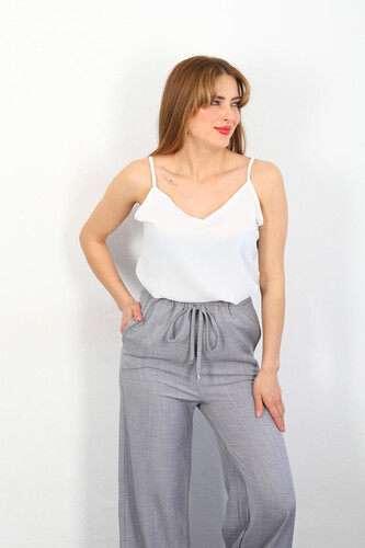 Üçlü Keten Gri Kadın Blazer Takım (Ceket-Crop-Pantolon) - 3