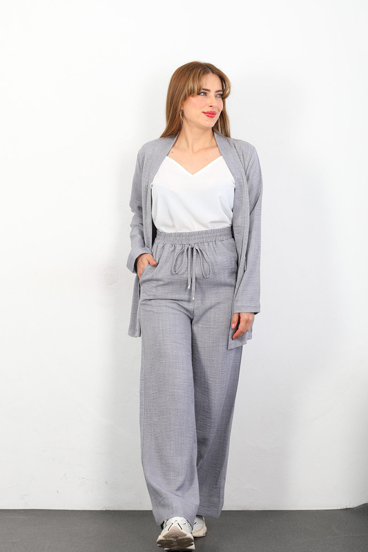 Üçlü Keten Gri Kadın Blazer Takım (Ceket-Crop-Pantolon) - 5