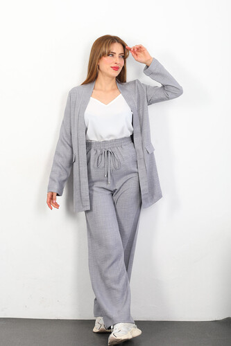 Üçlü Keten Gri Kadın Blazer Takım (Ceket-Crop-Pantolon) - 1