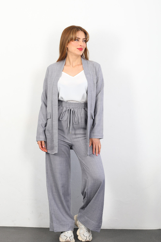 Üçlü Keten Gri Kadın Blazer Takım (Ceket-Crop-Pantolon) - 4