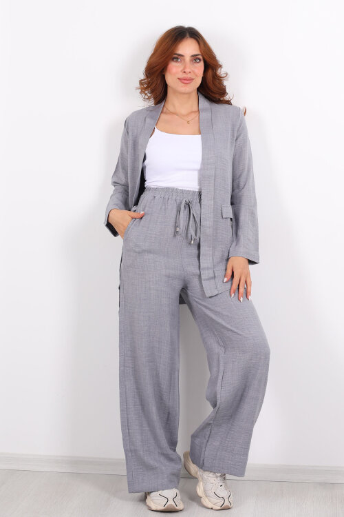 İkili Keten Gri Kadın Blazer Takım - 3