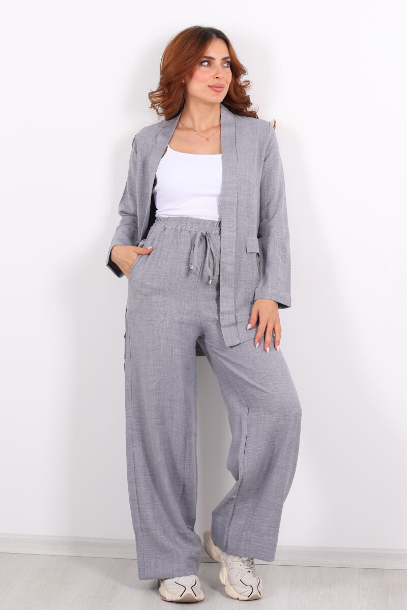 İkili Keten Gri Kadın Blazer Takım - 6