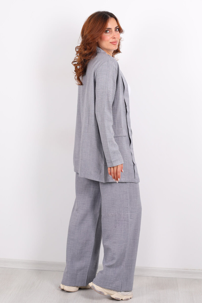 İkili Keten Gri Kadın Blazer Takım - 5