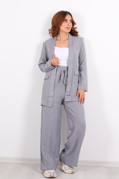 İkili Keten Gri Kadın Blazer Takım - Berox