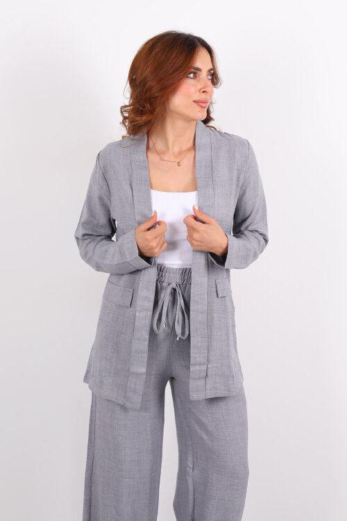 İkili Keten Gri Kadın Blazer Takım - 4