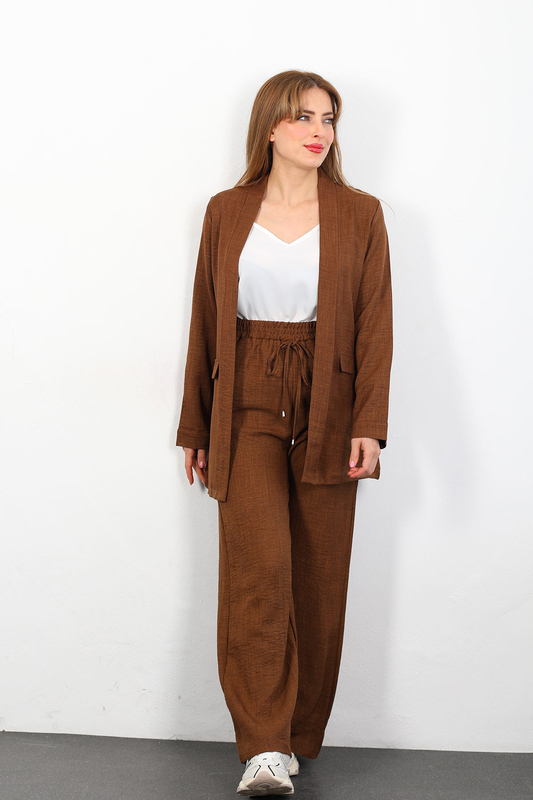 Üçlü Keten Kahverengi Kadın Blazer Takım (Ceket-Crop-Pantolon) - 4