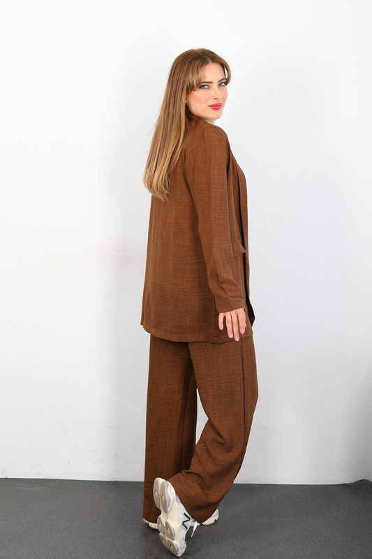 Üçlü Keten Kahverengi Kadın Blazer Takım (Ceket-Crop-Pantolon) - 5