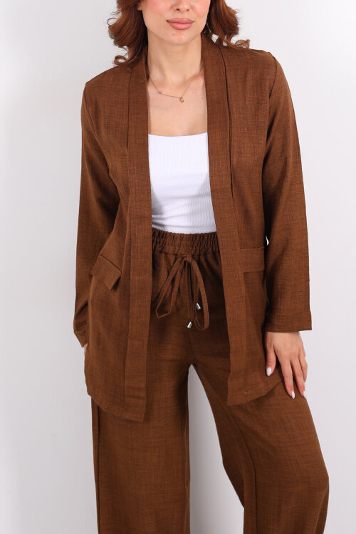 İkili Keten Kahverengi Kadın Blazer Takım - Berox (1)