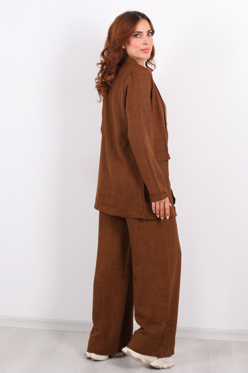 İkili Keten Kahverengi Kadın Blazer Takım - 5