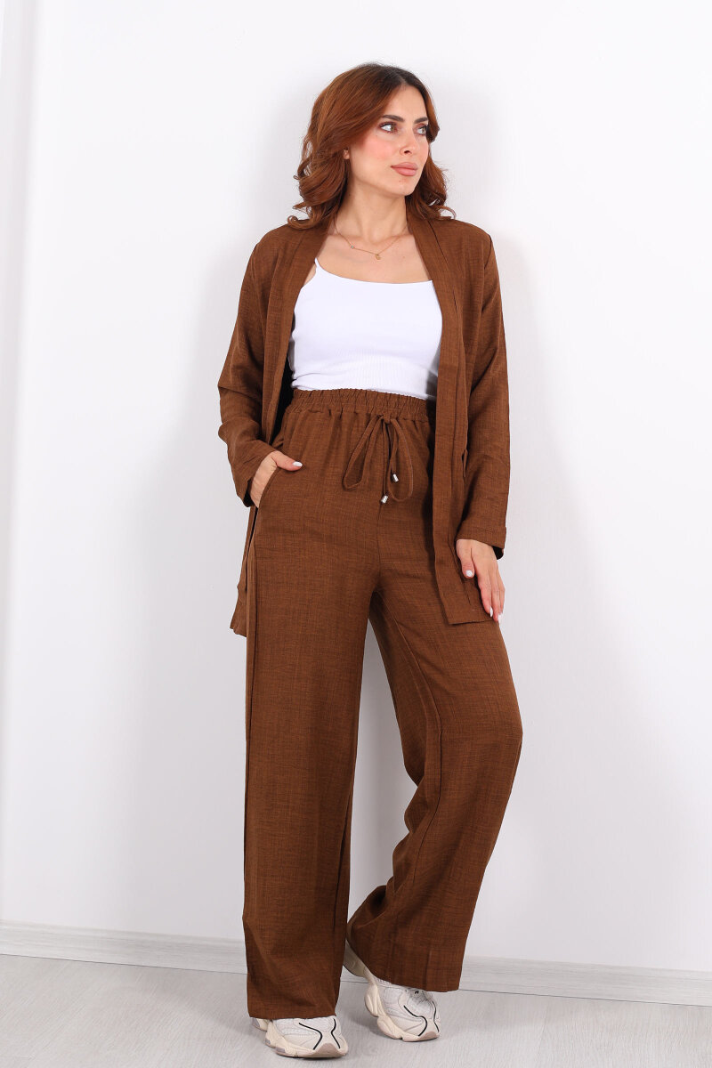 İkili Keten Kahverengi Kadın Blazer Takım - 3