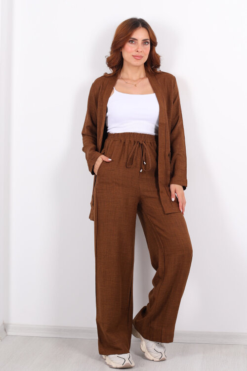 İkili Keten Kahverengi Kadın Blazer Takım - 6