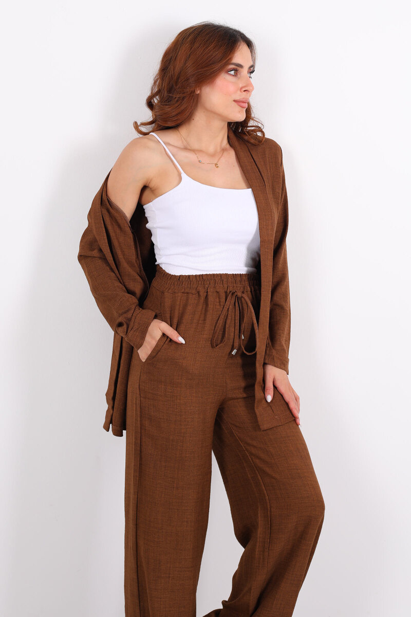 İkili Keten Kahverengi Kadın Blazer Takım - 7