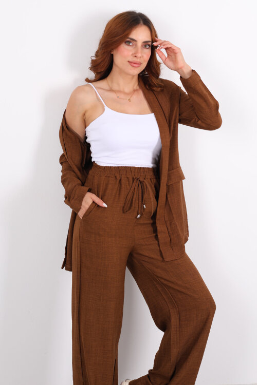 İkili Keten Kahverengi Kadın Blazer Takım - Berox