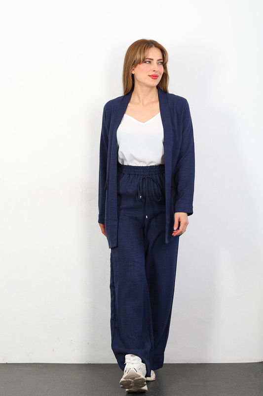 Üçlü Keten Lacivert Kadın Blazer Takım (Ceket-Crop-Pantolon) - 3