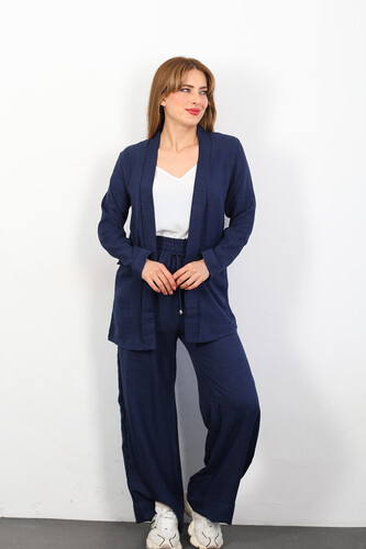 Üçlü Keten Lacivert Kadın Blazer Takım (Ceket-Crop-Pantolon) - 2