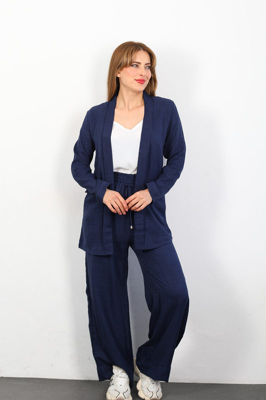 Üçlü Keten Lacivert Kadın Blazer Takım (Ceket-Crop-Pantolon) - 2