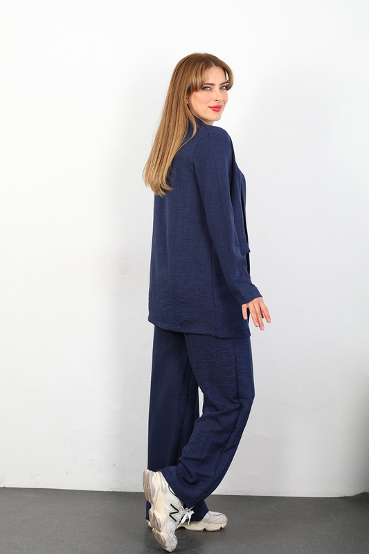Üçlü Keten Lacivert Kadın Blazer Takım (Ceket-Crop-Pantolon) - 4
