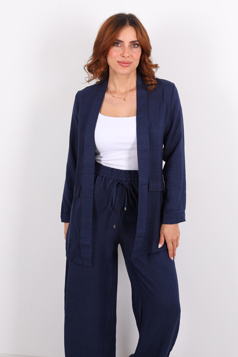 İkili Keten Lacivert Kadın Blazer Takım - 6
