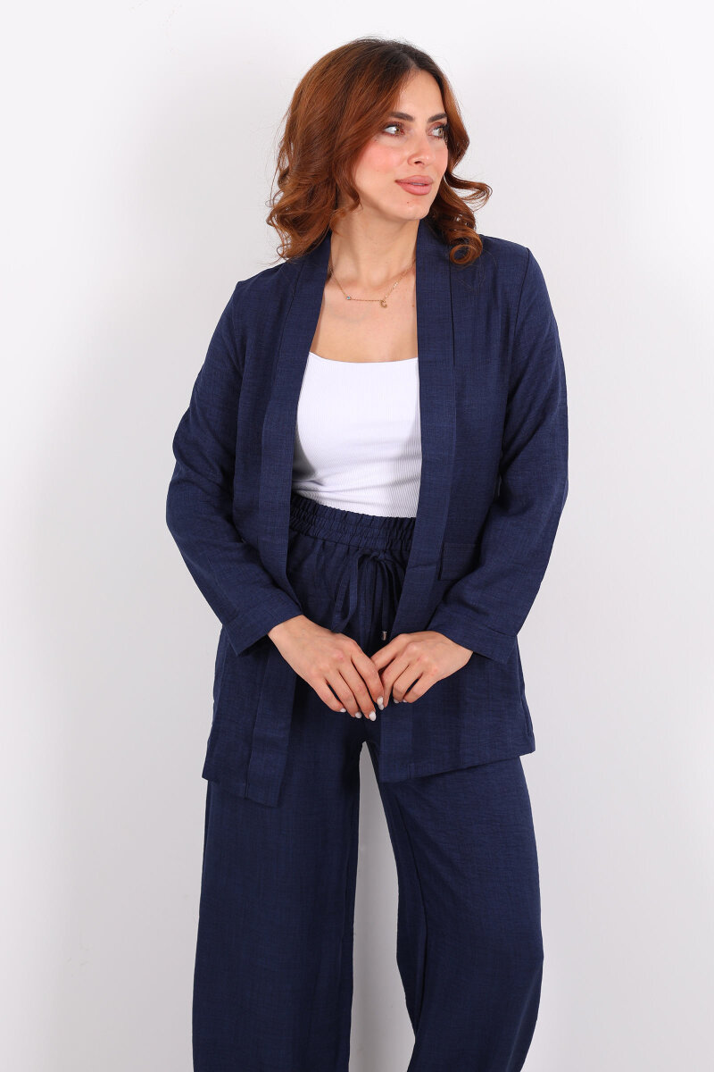 İkili Keten Lacivert Kadın Blazer Takım - 3