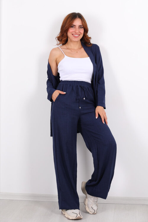 İkili Keten Lacivert Kadın Blazer Takım - Berox