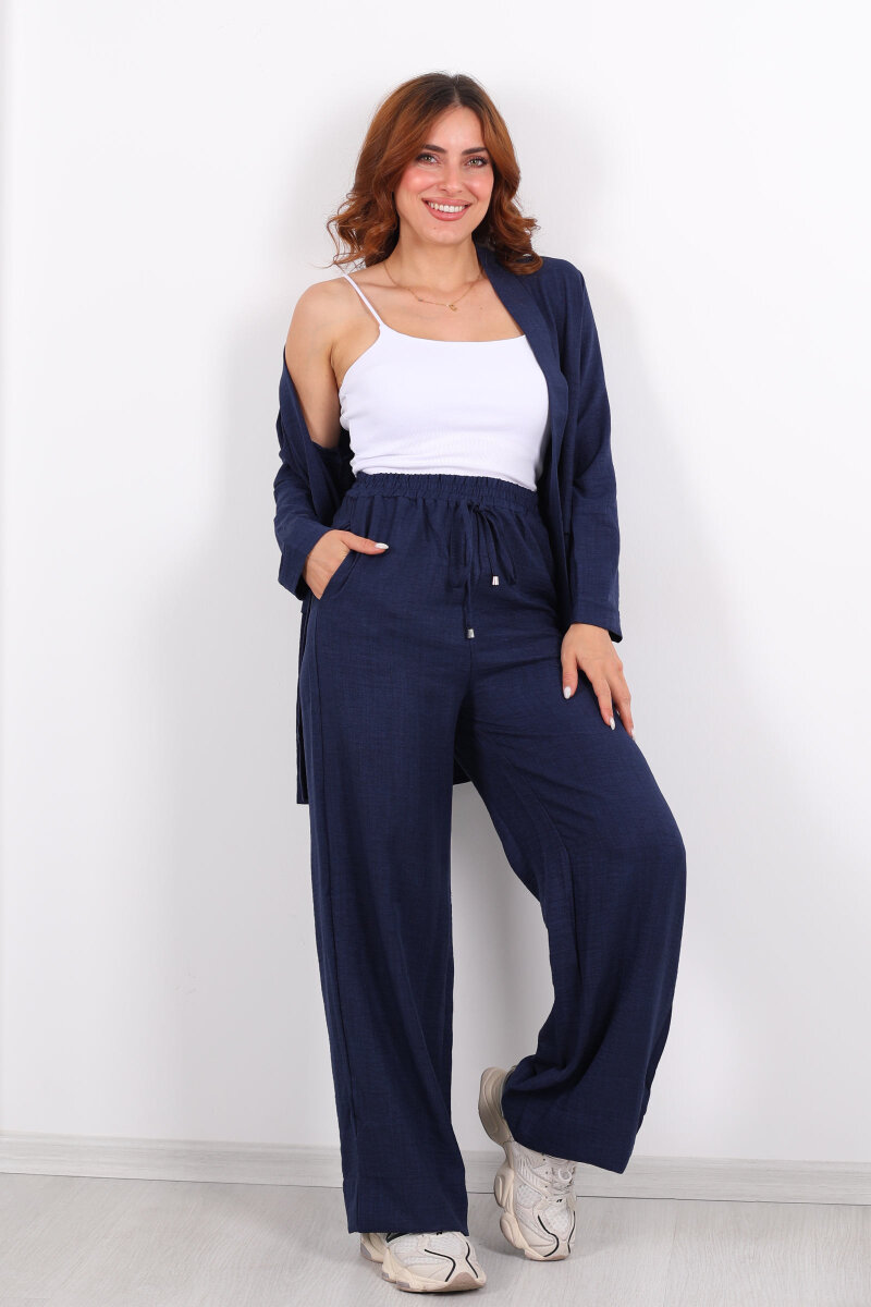 İkili Keten Lacivert Kadın Blazer Takım - 1