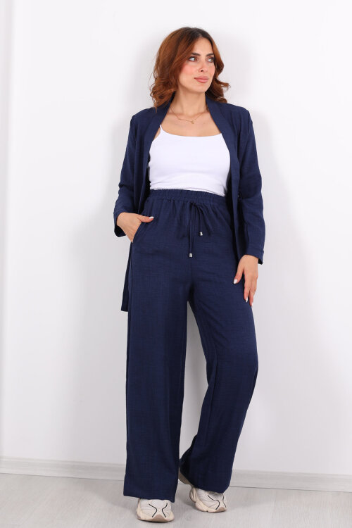 İkili Keten Lacivert Kadın Blazer Takım - 4