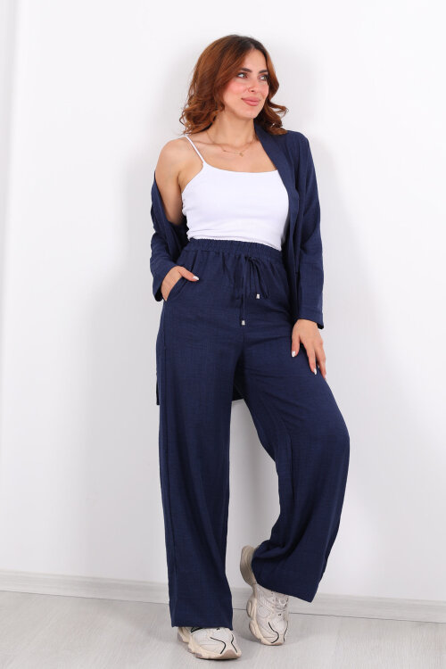 İkili Keten Lacivert Kadın Blazer Takım - 7