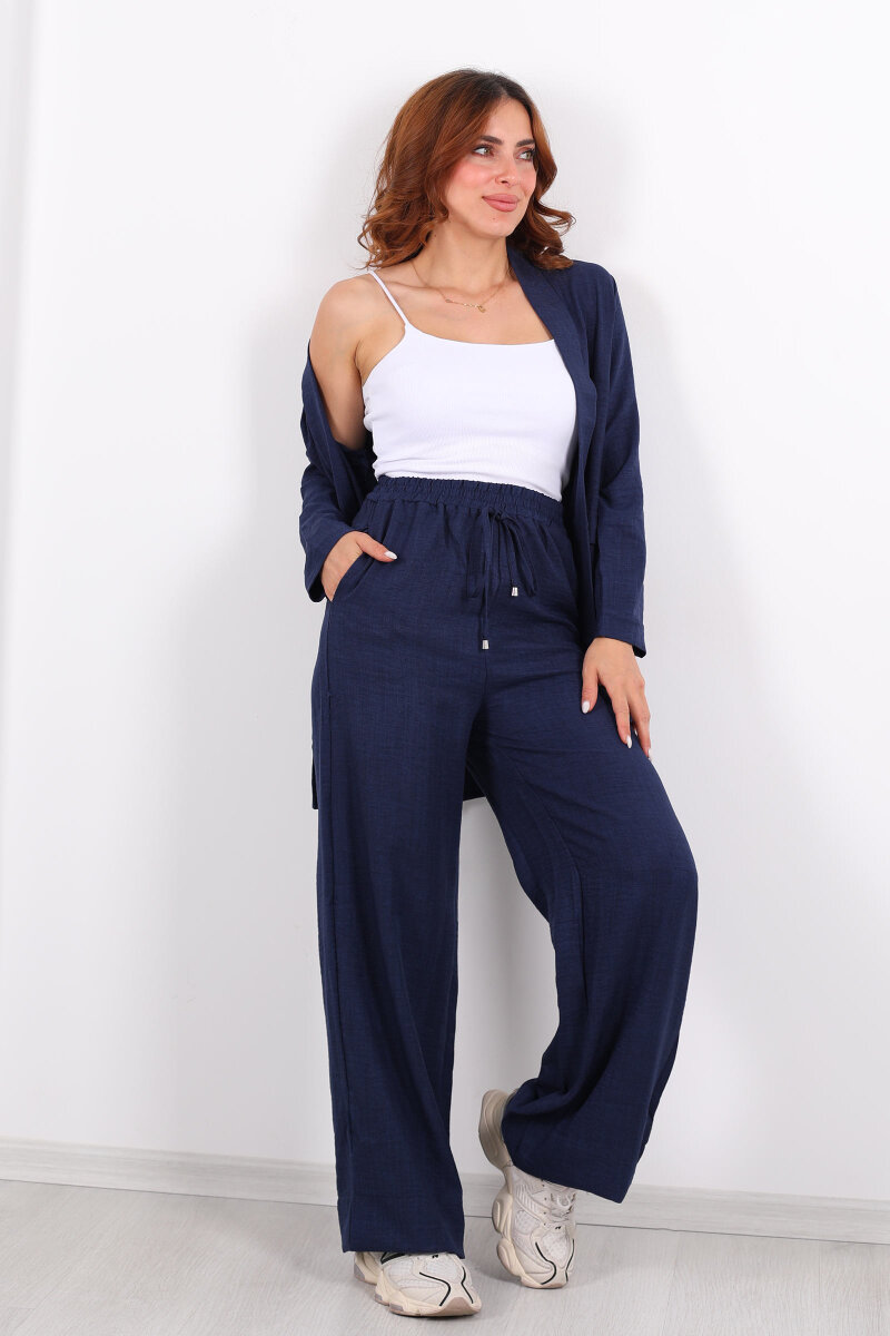 İkili Keten Lacivert Kadın Blazer Takım - 7