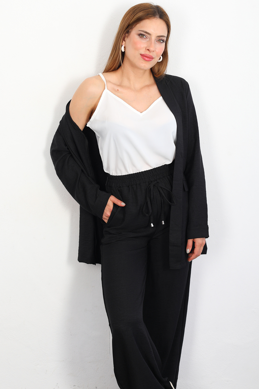 Üçlü Keten Siyah Kadın Blazer Takım (Ceket-Crop-Pantolon) - 2