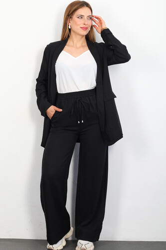Üçlü Keten Siyah Kadın Blazer Takım (Ceket-Crop-Pantolon) 
