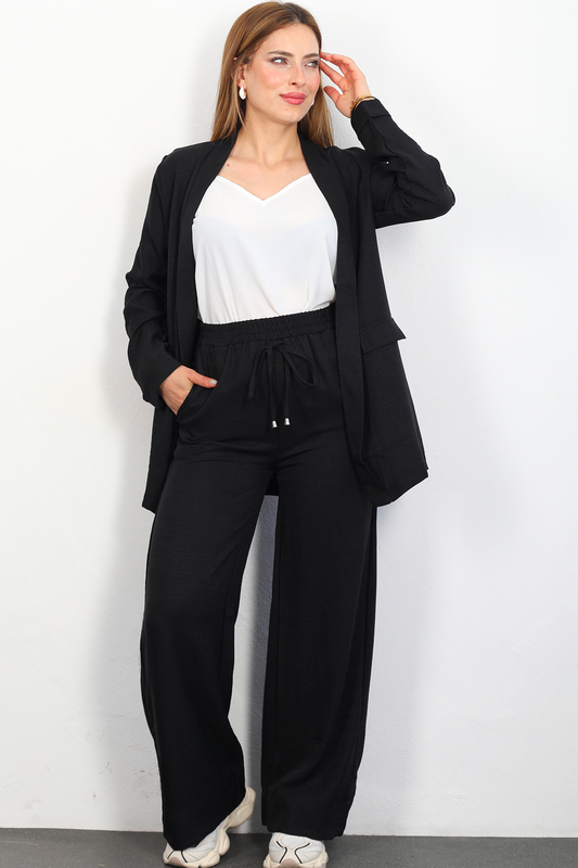 Üçlü Keten Siyah Kadın Blazer Takım (Ceket-Crop-Pantolon) - 1