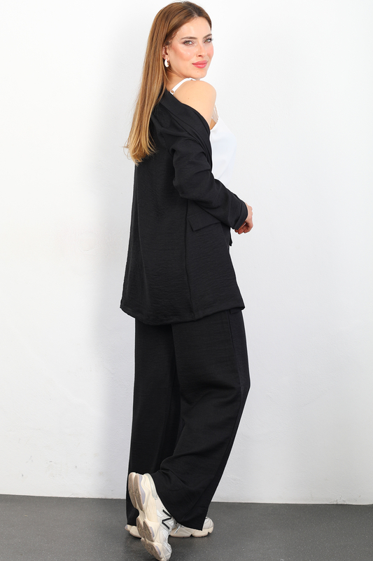 Üçlü Keten Siyah Kadın Blazer Takım (Ceket-Crop-Pantolon) - 4