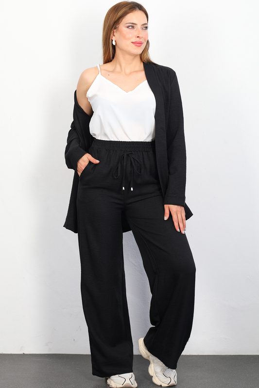 Üçlü Keten Siyah Kadın Blazer Takım (Ceket-Crop-Pantolon) - 3