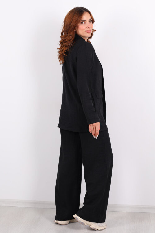 İkili Keten Siyah Kadın Blazer Takım - 5