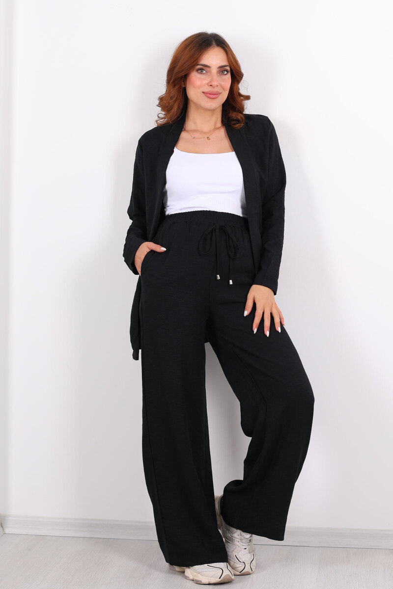 İkili Keten Siyah Kadın Blazer Takım - 3