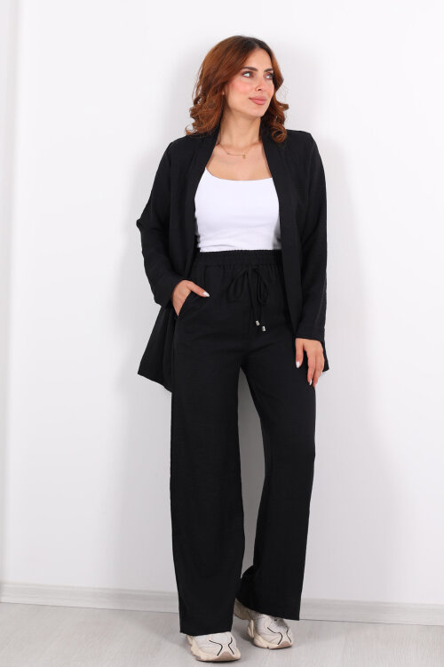 İkili Keten Siyah Kadın Blazer Takım - 7