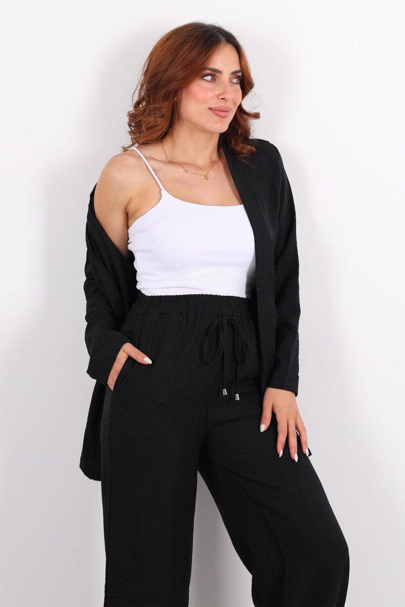 İkili Keten Siyah Kadın Blazer Takım - 1