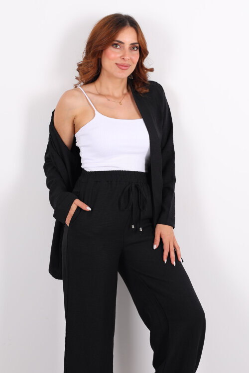 İkili Keten Siyah Kadın Blazer Takım - 6