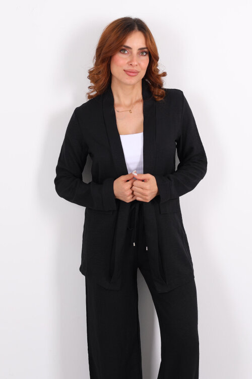 İkili Keten Siyah Kadın Blazer Takım - 4