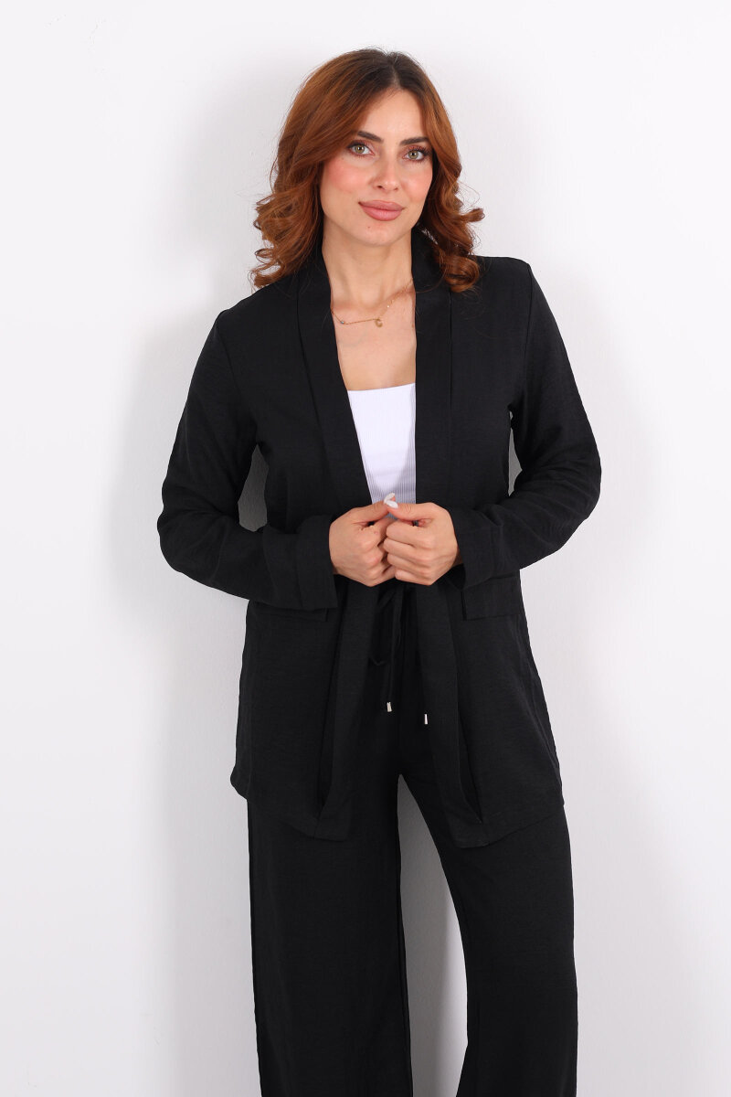 İkili Keten Siyah Kadın Blazer Takım - 4