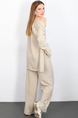Üçlü Keten Taş Rengi Kadın Blazer Takım (Ceket-Crop-Pantolon) - 4