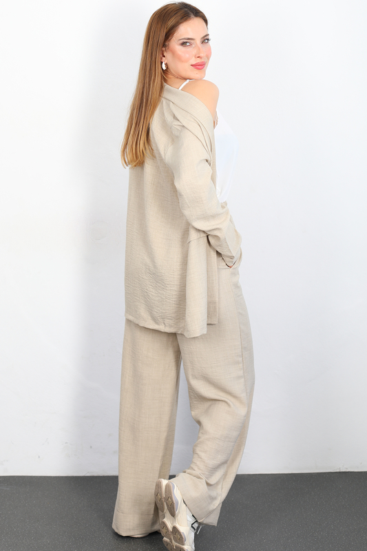 Üçlü Keten Taş Rengi Kadın Blazer Takım (Ceket-Crop-Pantolon) - 4