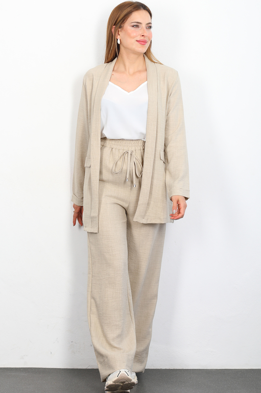 Üçlü Keten Taş Rengi Kadın Blazer Takım (Ceket-Crop-Pantolon) - 1