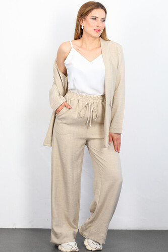 Üçlü Keten Taş Rengi Kadın Blazer Takım (Ceket-Crop-Pantolon) - 3
