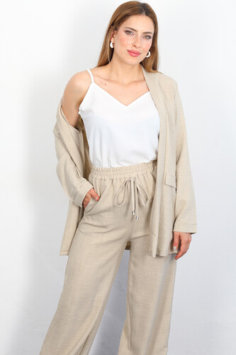 Üçlü Keten Taş Rengi Kadın Blazer Takım (Ceket-Crop-Pantolon) - 2