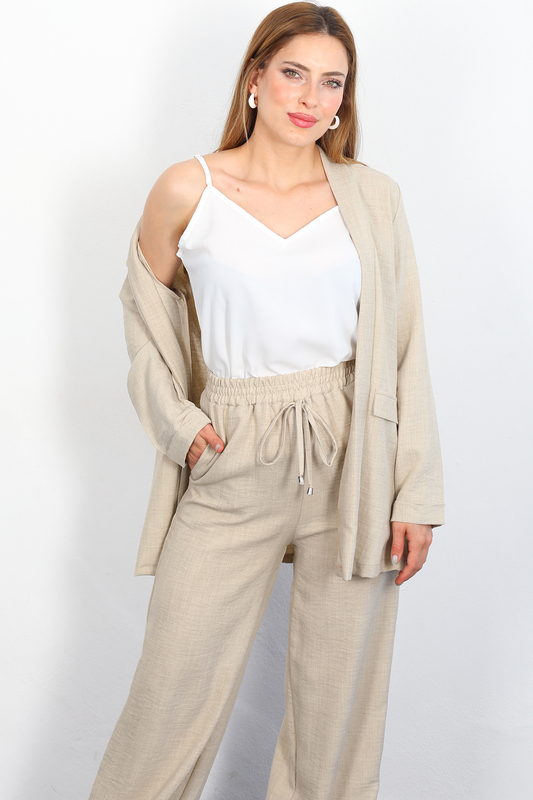 Üçlü Keten Taş Rengi Kadın Blazer Takım (Ceket-Crop-Pantolon) - 2